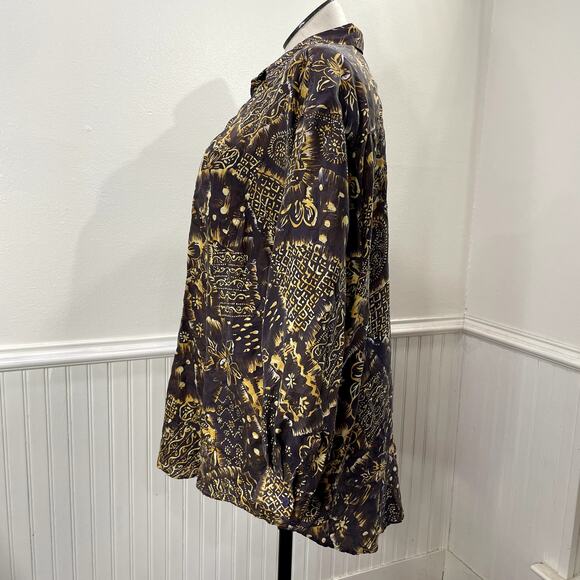 Details Express Plus Size 24 Shirt 100% Silk Button Front Floral Artsy Gray Gold - Picture 2 of 10